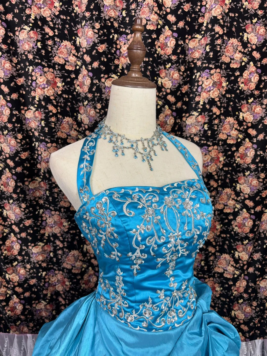 French retro blue halter neck heavy embroidery and beaded satin wedding dress with train P2988