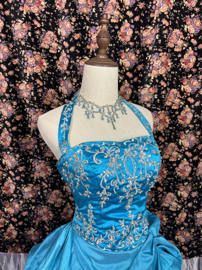 French retro blue halter neck heavy embroidery and beaded satin wedding dress with train P2988