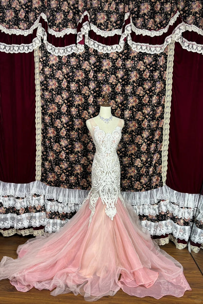 Vintage Mermaid Heavy Embroidery Beaded Pink Tulle Wedding Dress with Train P2989