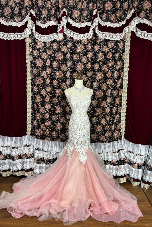 Vintage Mermaid Heavy Embroidery Beaded Pink Tulle Wedding Dress with Train P2989