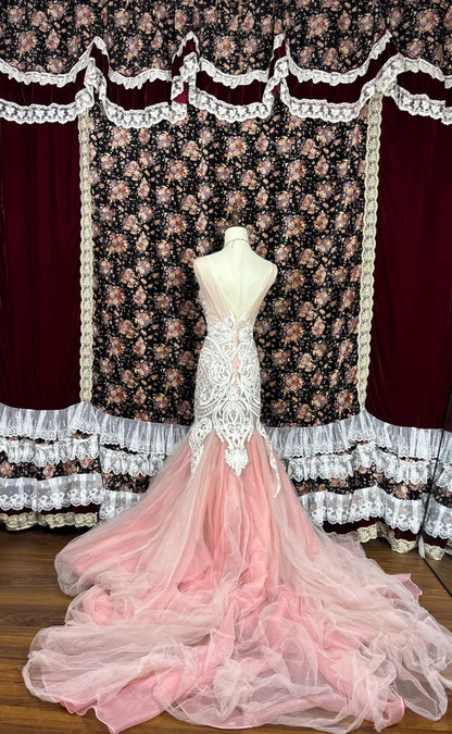 Vintage Mermaid Heavy Embroidery Beaded Pink Tulle Wedding Dress with Train P2989