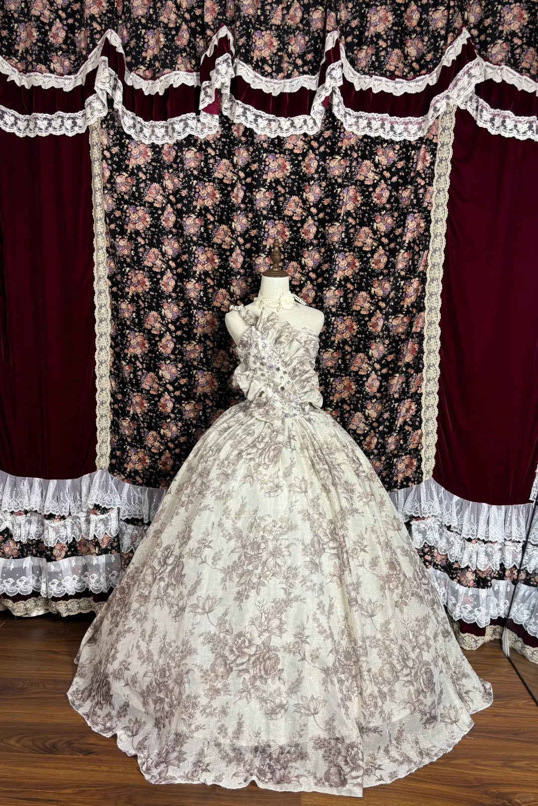 Chic Printed One Shoulder Full Body Flower Stem Floor Length Wedding Dress P2993