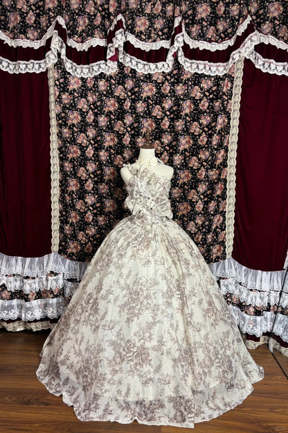 Chic Printed One Shoulder Full Body Flower Stem Floor Length Wedding Dress P2993