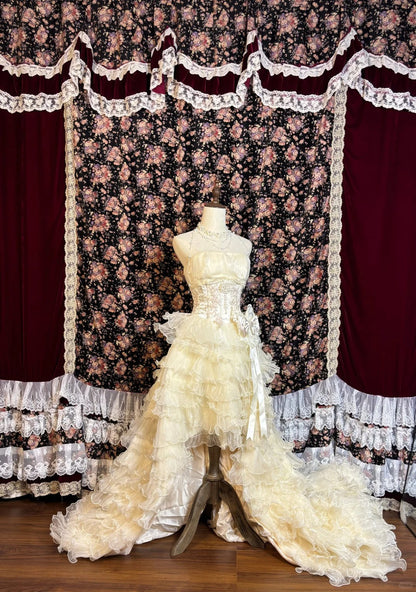 Princess light yellow heavy work short front and long back earrings big skirt cake wedding dress P2998