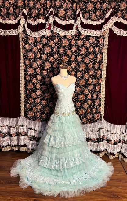 Elegant and gentle mint green heart-shaped collar beaded cake multi-layered tulle wedding dress P3002