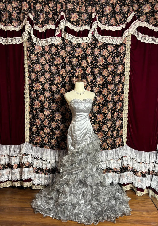 Silver Grey High Fishtail Shimmer Skirt Silk Tulle Large Curled Edge Wedding Dress P3003