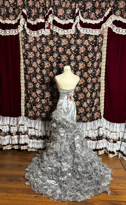 Silver Grey High Fishtail Shimmer Skirt Silk Tulle Large Curled Edge Wedding Dress P3003