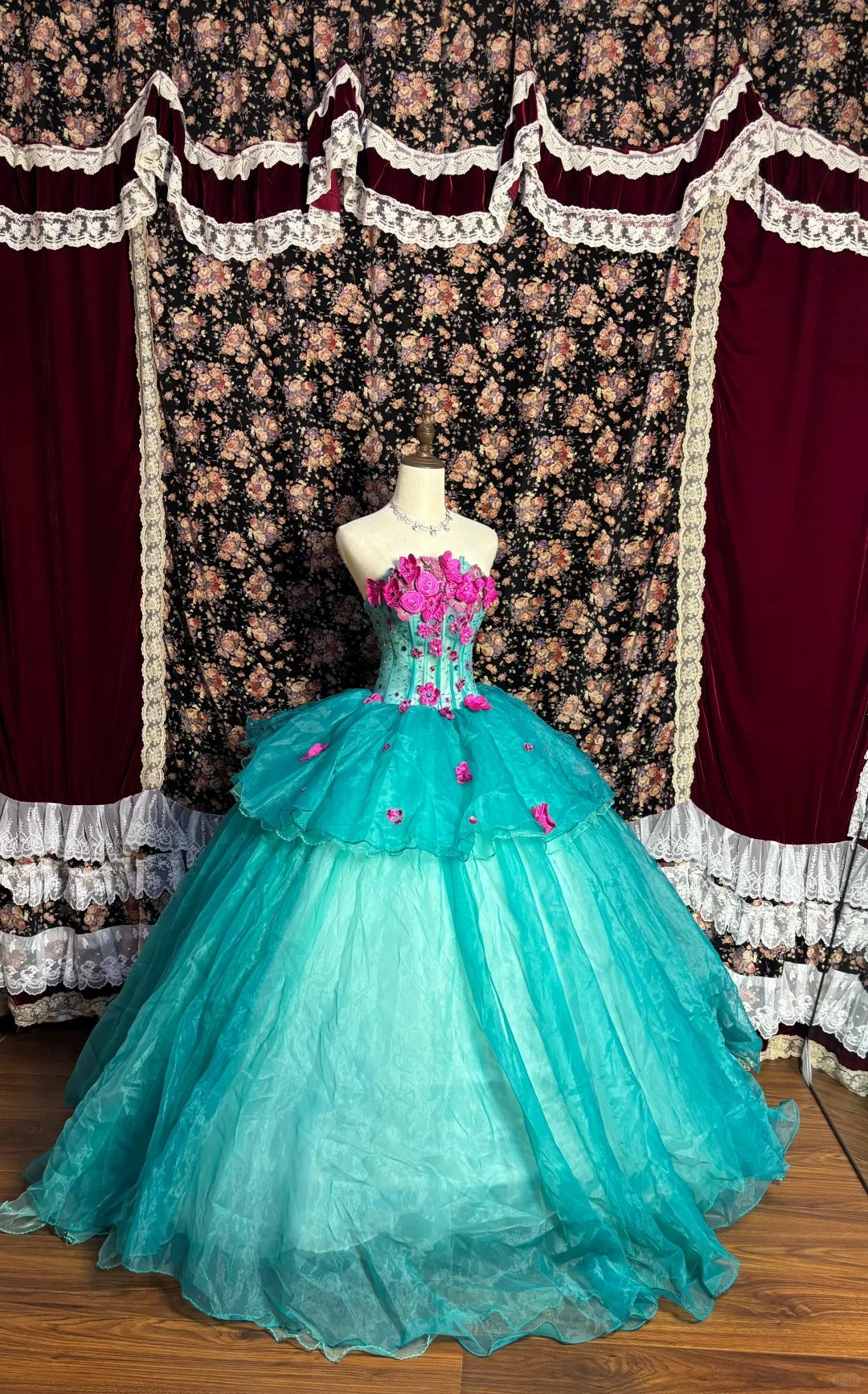 Chic Turquoise Strapless 3D Flower Herringbone Tulle Floor-Length Wedding Dress P3005