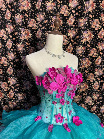 Chic Turquoise Strapless 3D Flower Herringbone Tulle Floor-Length Wedding Dress P3005