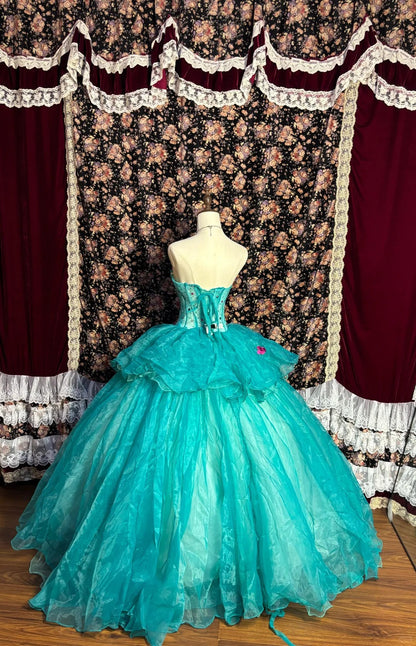 Chic Turquoise Strapless 3D Flower Herringbone Tulle Floor-Length Wedding Dress P3005
