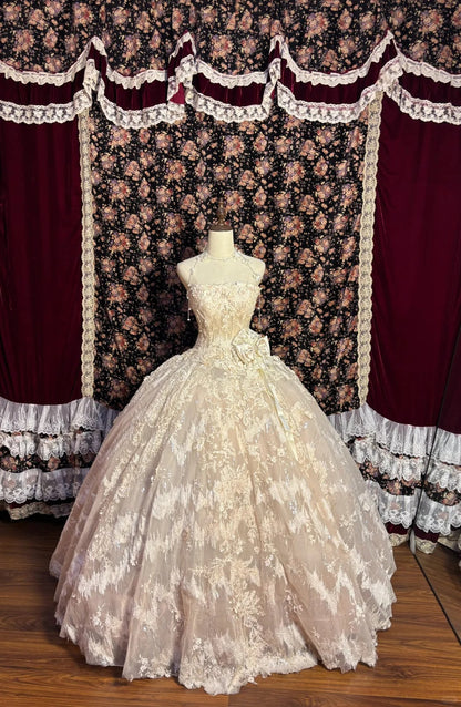 Sweet Pink Embroidered Lace 3D Flower Herringbone Princess Wedding Dress P3008