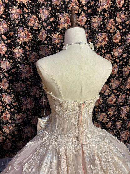 Sweet Pink Embroidered Lace 3D Flower Herringbone Princess Wedding Dress P3008