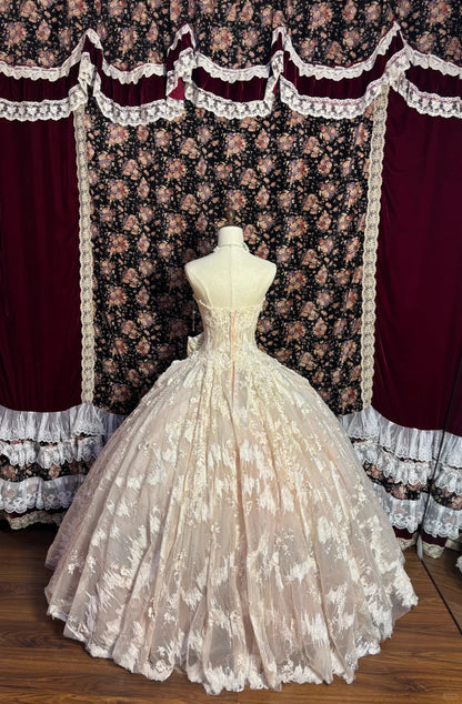 Sweet Pink Embroidered Lace 3D Flower Herringbone Princess Wedding Dress P3008