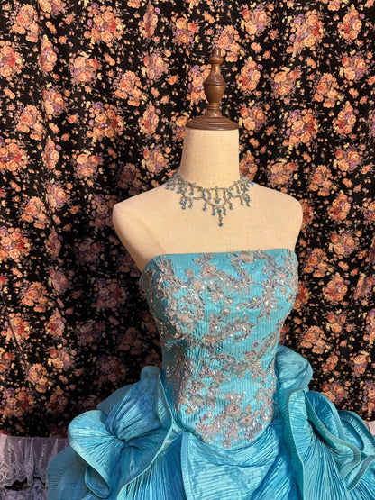 Dreamy Blue Strapless Accordion Pleated Skirt Beaded Train Wedding Dress P3011