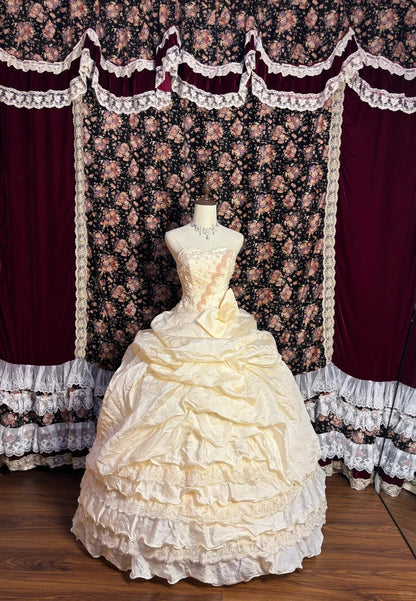 Sweet Light Yellow Beaded Ruffled Cake Floor-Length Wedding Dress P3012