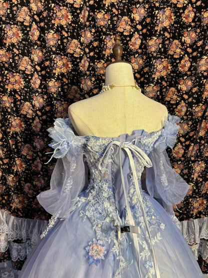 Beautiful one-shoulder princess sleeve gradient purple skirt three-dimensional flower beaded tulle wedding dress P3015