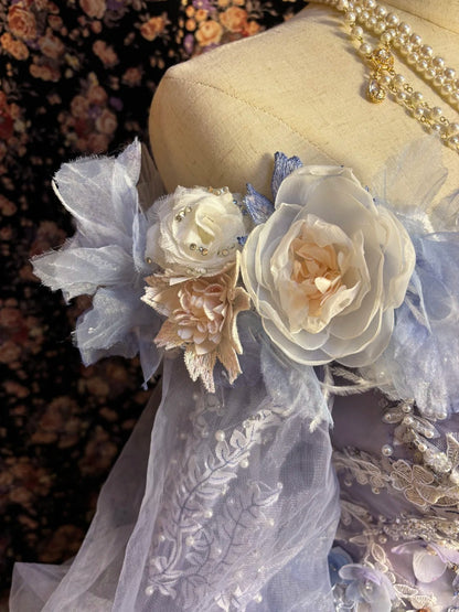 Beautiful one-shoulder princess sleeve gradient purple skirt three-dimensional flower beaded tulle wedding dress P3015