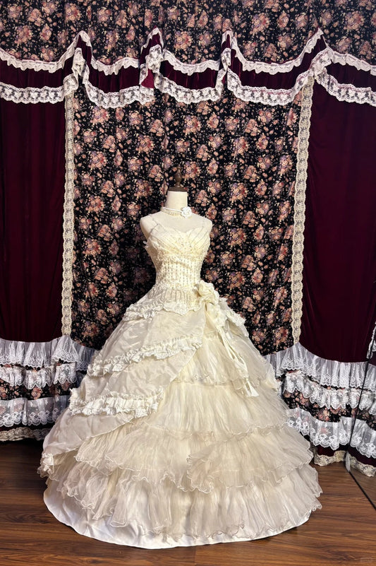 Retro cute beaded three-dimensional flower cake skirt fungus curling edge wedding dress P3019