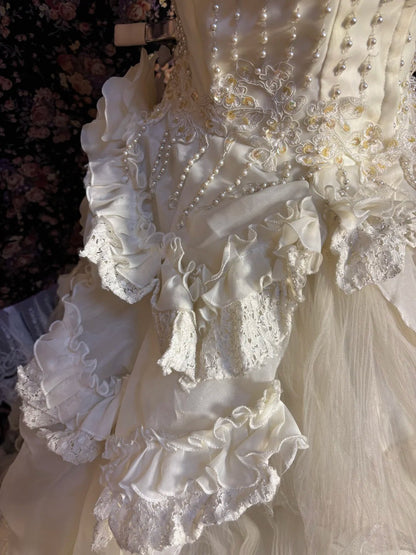 Retro cute beaded three-dimensional flower cake skirt fungus curling edge wedding dress P3019