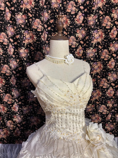 Retro cute beaded three-dimensional flower cake skirt fungus curling edge wedding dress P3019