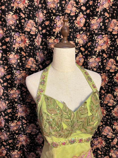 Forest Green Halter Neck Sequined Leaf Embroidery Large Skirt Mermaid Wedding Dress P3020