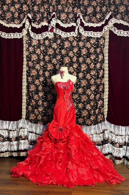 Beautiful red tube top beaded butterfly skirt mermaid wedding dress P3022