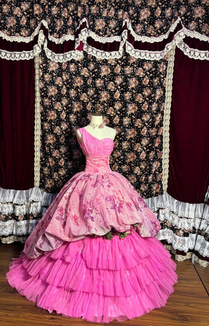 Retro Pink One Shoulder Flower Bud Cake Print Floor-Length Wedding Dress P3023