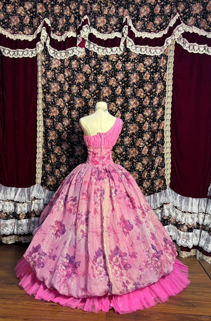 Retro Pink One Shoulder Flower Bud Cake Print Floor-Length Wedding Dress P3023