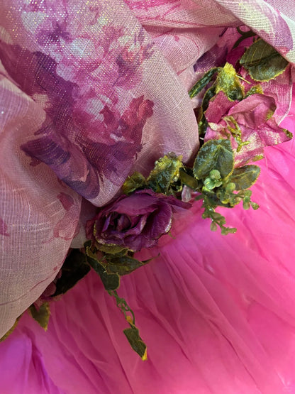 Retro Pink One Shoulder Flower Bud Cake Print Floor-Length Wedding Dress P3023