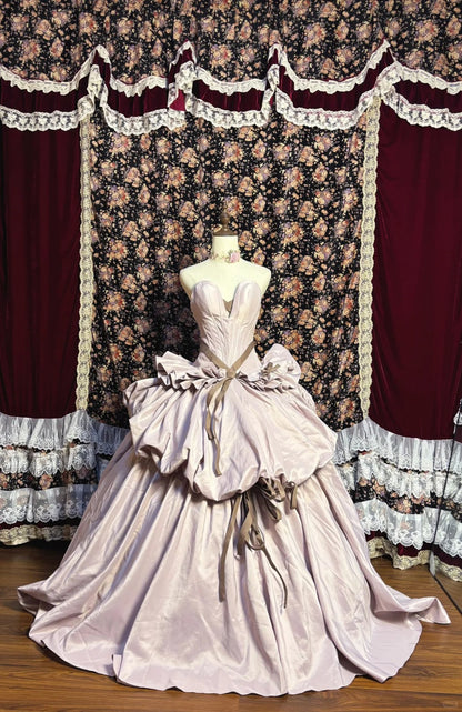 Taro Purple Strapless Satin Flower Bud Open Back Wedding Dress with Train P3024