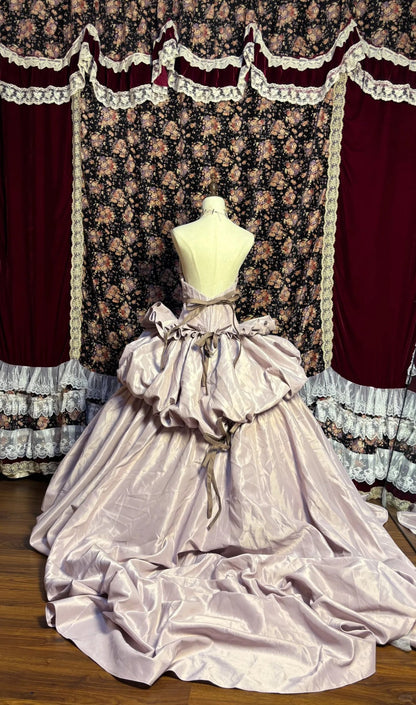 Taro Purple Strapless Satin Flower Bud Open Back Wedding Dress with Train P3024