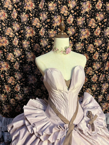 Taro Purple Strapless Satin Flower Bud Open Back Wedding Dress with Train P3024