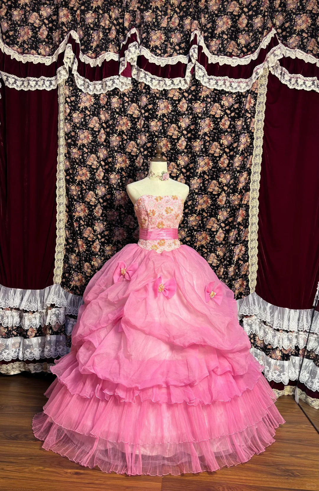 Princess Pink Tube Top 3D Embroidered Sequined Fishbone Bow Puffy Wedding Dress P3025