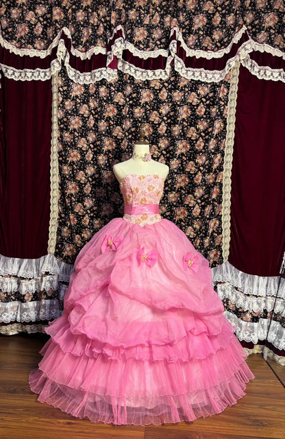 Princess Pink Tube Top 3D Embroidered Sequined Fishbone Bow Puffy Wedding Dress P3025