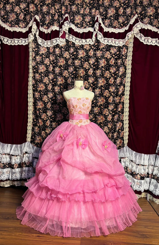 Princess Pink Tube Top 3D Embroidered Sequined Fishbone Bow Puffy Wedding Dress P3025