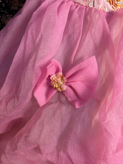 Princess Pink Tube Top 3D Embroidered Sequined Fishbone Bow Puffy Wedding Dress P3025