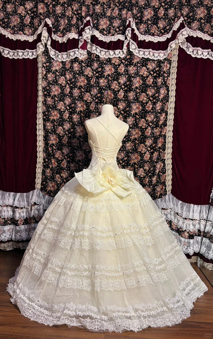 Princess Heavy V-neck Layered Lace Ivory White Back Tie Floor-length Wedding Dress P3026