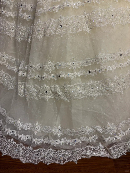 Princess Heavy V-neck Layered Lace Ivory White Back Tie Floor-length Wedding Dress P3026