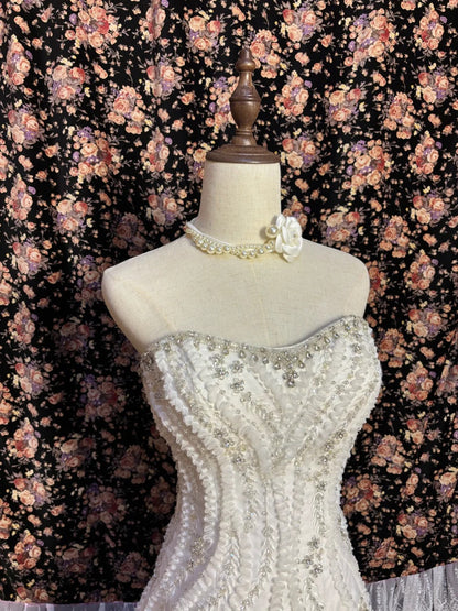 Elegant tube top heavy A-line fishtail three-dimensional flower wave lace skirt wedding dress P3028