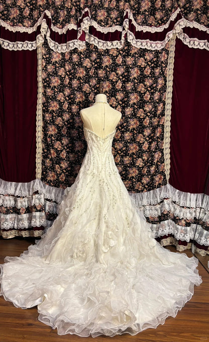 Elegant tube top heavy A-line fishtail three-dimensional flower wave lace skirt wedding dress P3028