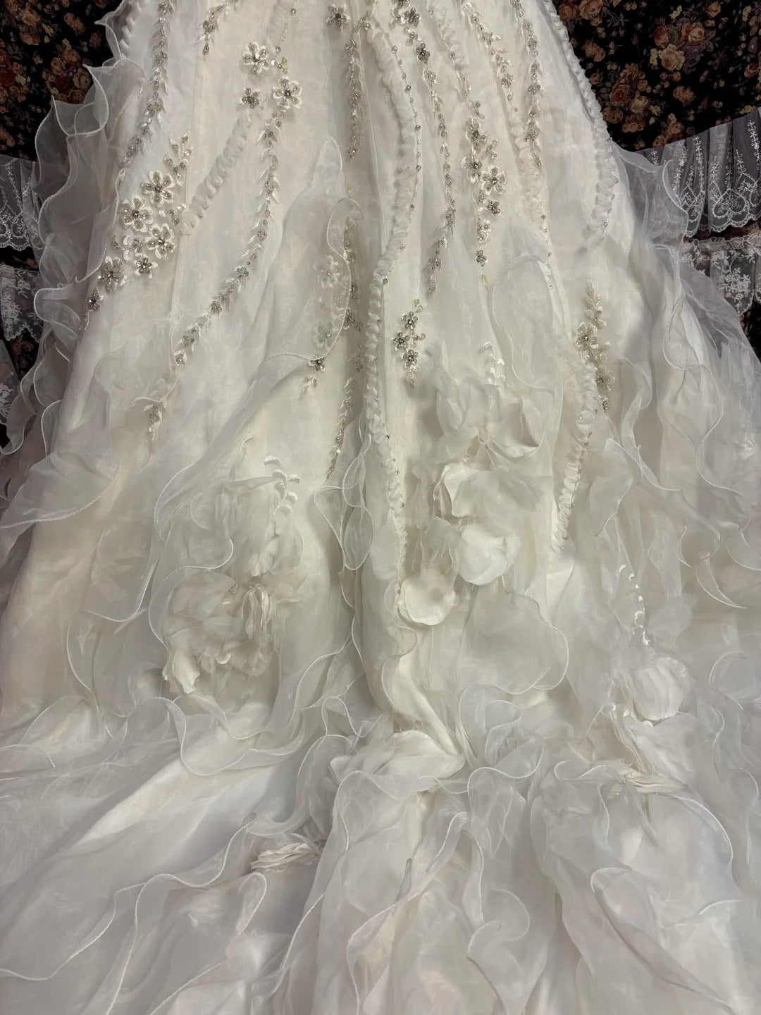 Elegant tube top heavy A-line fishtail three-dimensional flower wave lace skirt wedding dress P3028