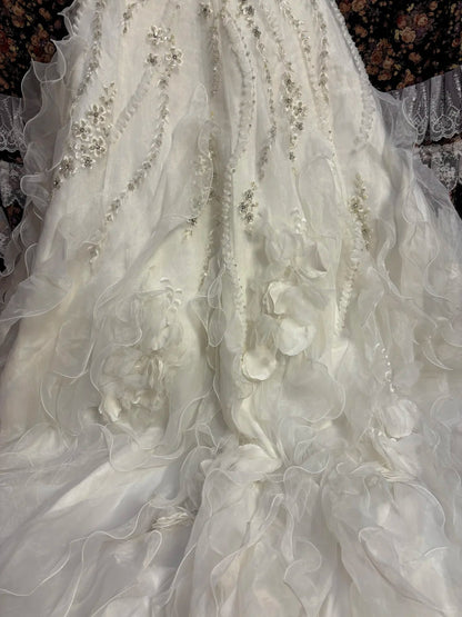 Elegant tube top heavy A-line fishtail three-dimensional flower wave lace skirt wedding dress P3028