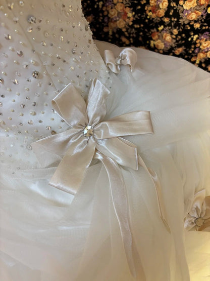 White heart-shaped collar bow beaded cake skirt wedding dress P3029