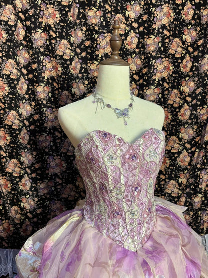 Dreamy Purple Flower Handle Heart-Shaped Neck Printed Tulle Floor-Length Wedding Dress P3031