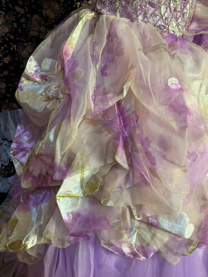 Dreamy Purple Flower Handle Heart-Shaped Neck Printed Tulle Floor-Length Wedding Dress P3031