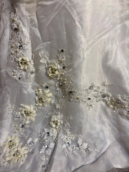 Elegant bias-cut high-cut fishtail chiffon 3D embroidered floral train wedding dress P3034