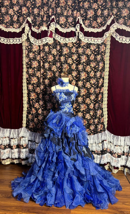 Dreamy Blue Embroidered Satin Tulle Big Wave Skirt Trailing Wedding Dress P3035