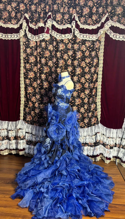 Dreamy Blue Embroidered Satin Tulle Big Wave Skirt Trailing Wedding Dress P3035