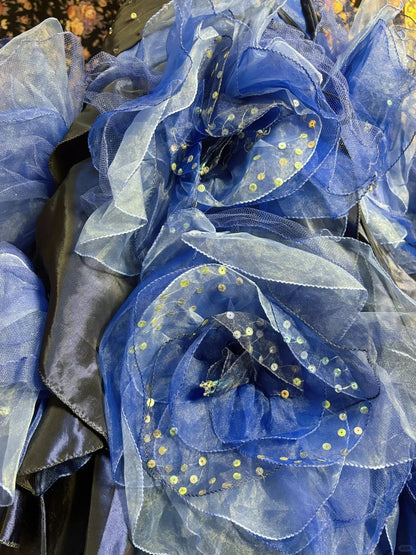 Dreamy Blue Embroidered Satin Tulle Big Wave Skirt Trailing Wedding Dress P3035