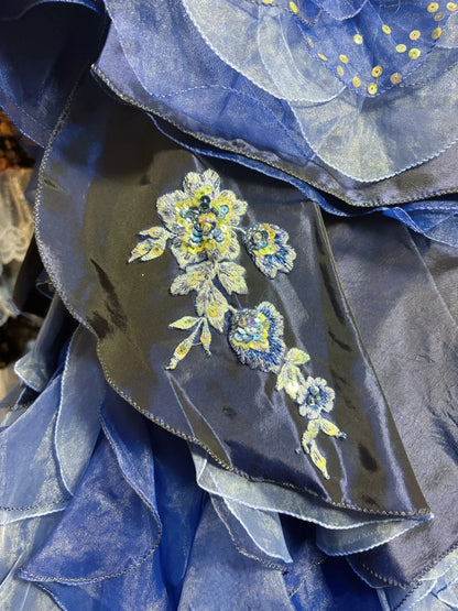 Dreamy Blue Embroidered Satin Tulle Big Wave Skirt Trailing Wedding Dress P3035